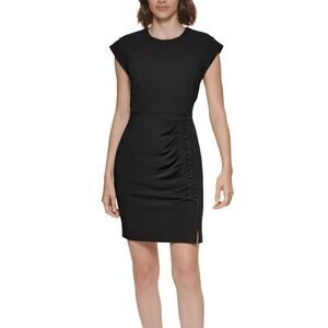 CALVIN KLEIN Ruched Button-Trim Black Sheath Dress 6